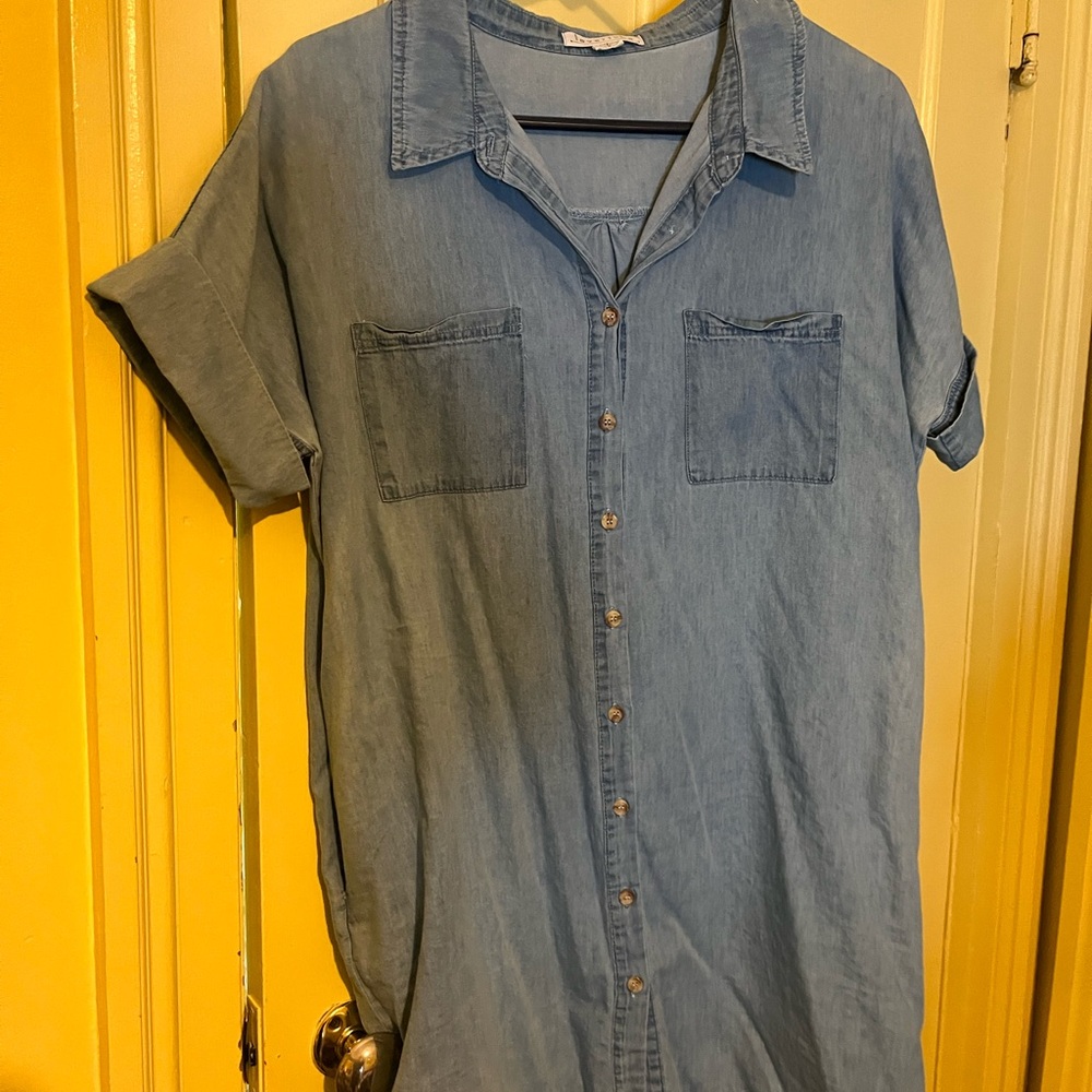 Love Riche Casual Blue Button Down Dress with POCKETS